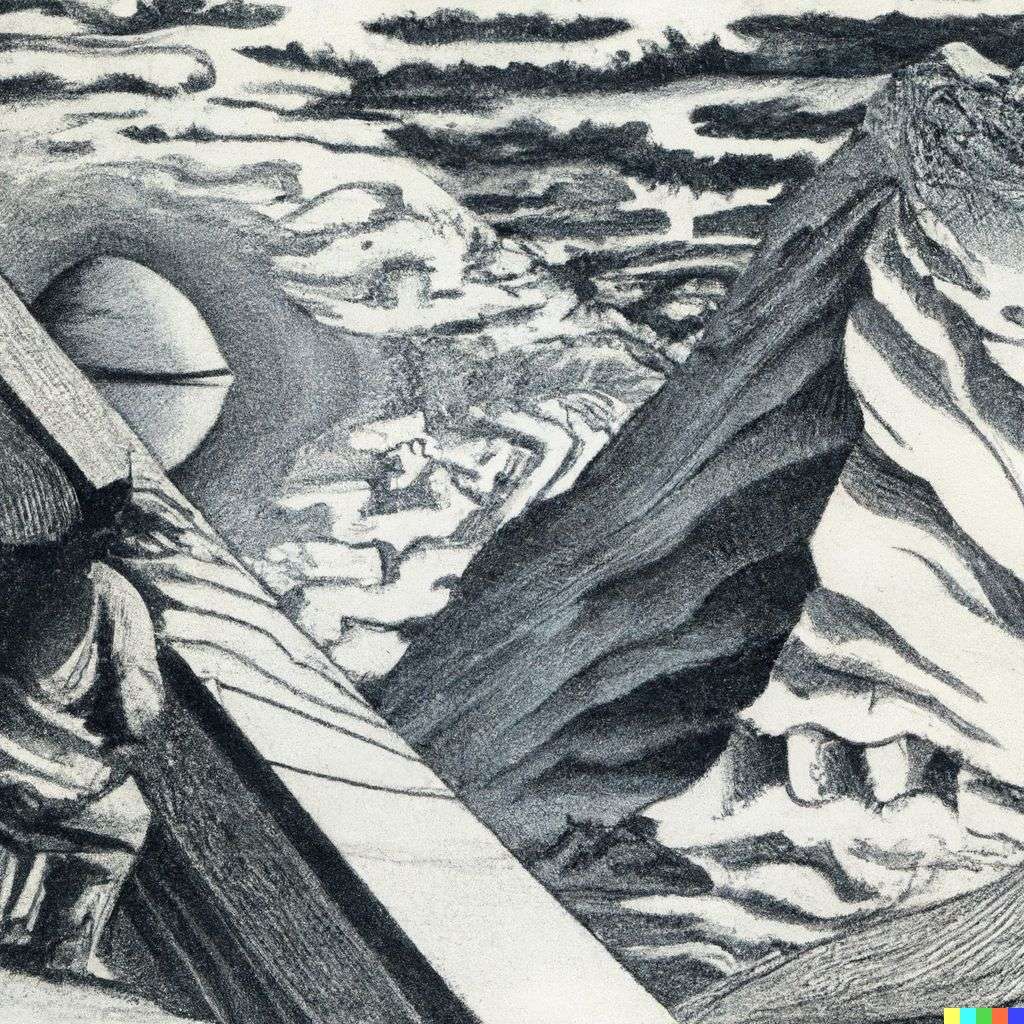 someone gazing at Mount Everest, lithography by Escher